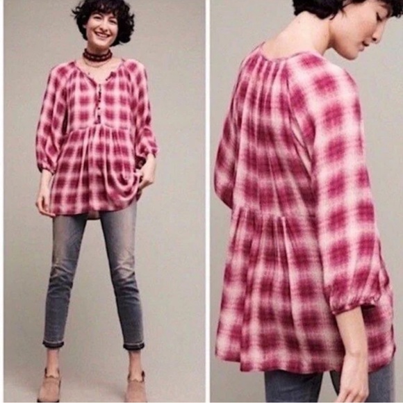 Anthropologie Mauve Red Plaid Billowy Cottagecore Blouse Top W-989 Size Large - Picture 1 of 9